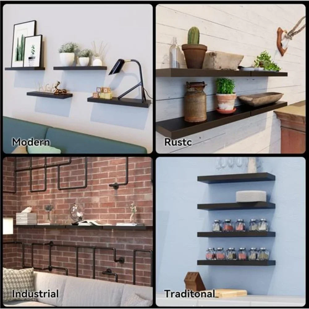 4 Sets‎ Black Floating Shelves with Invisible Brackets,Modern Shelf for Bedroom